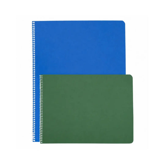 Blue upper-grade and green elementary Book of Centuries lesson books with spiral bindings