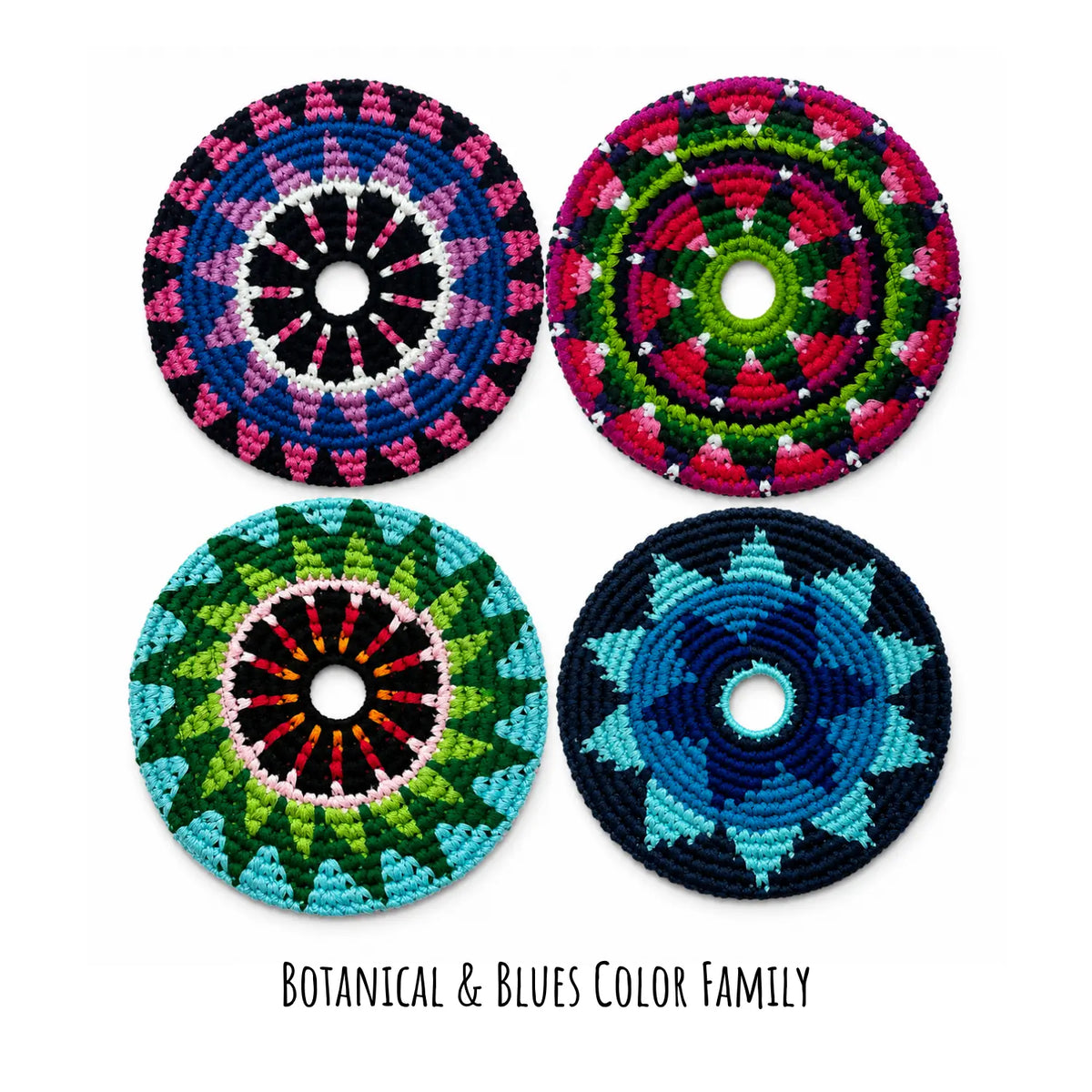 four botanical and blue examples of soft frisbees