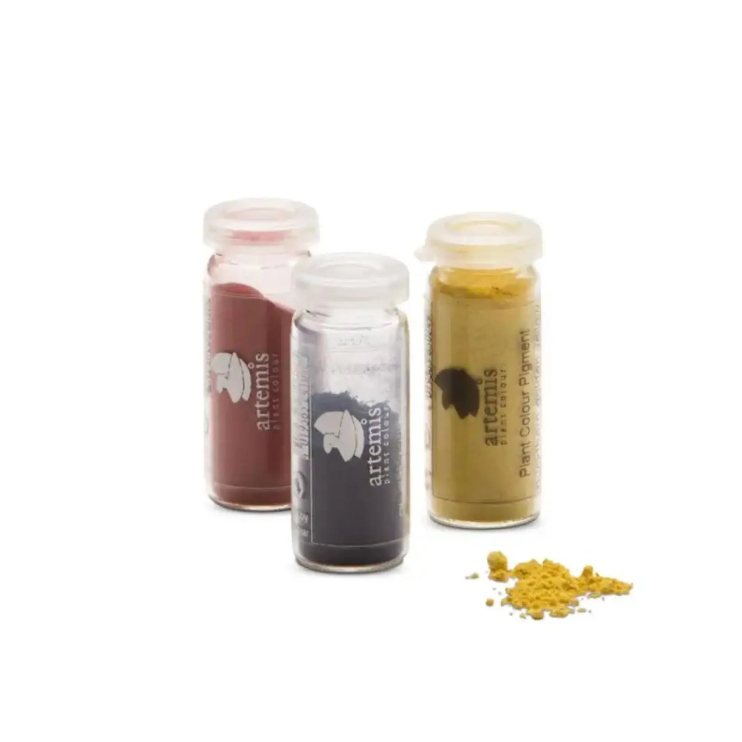Botanical pigment powders in glass jars for handmade watercolor paint mixing