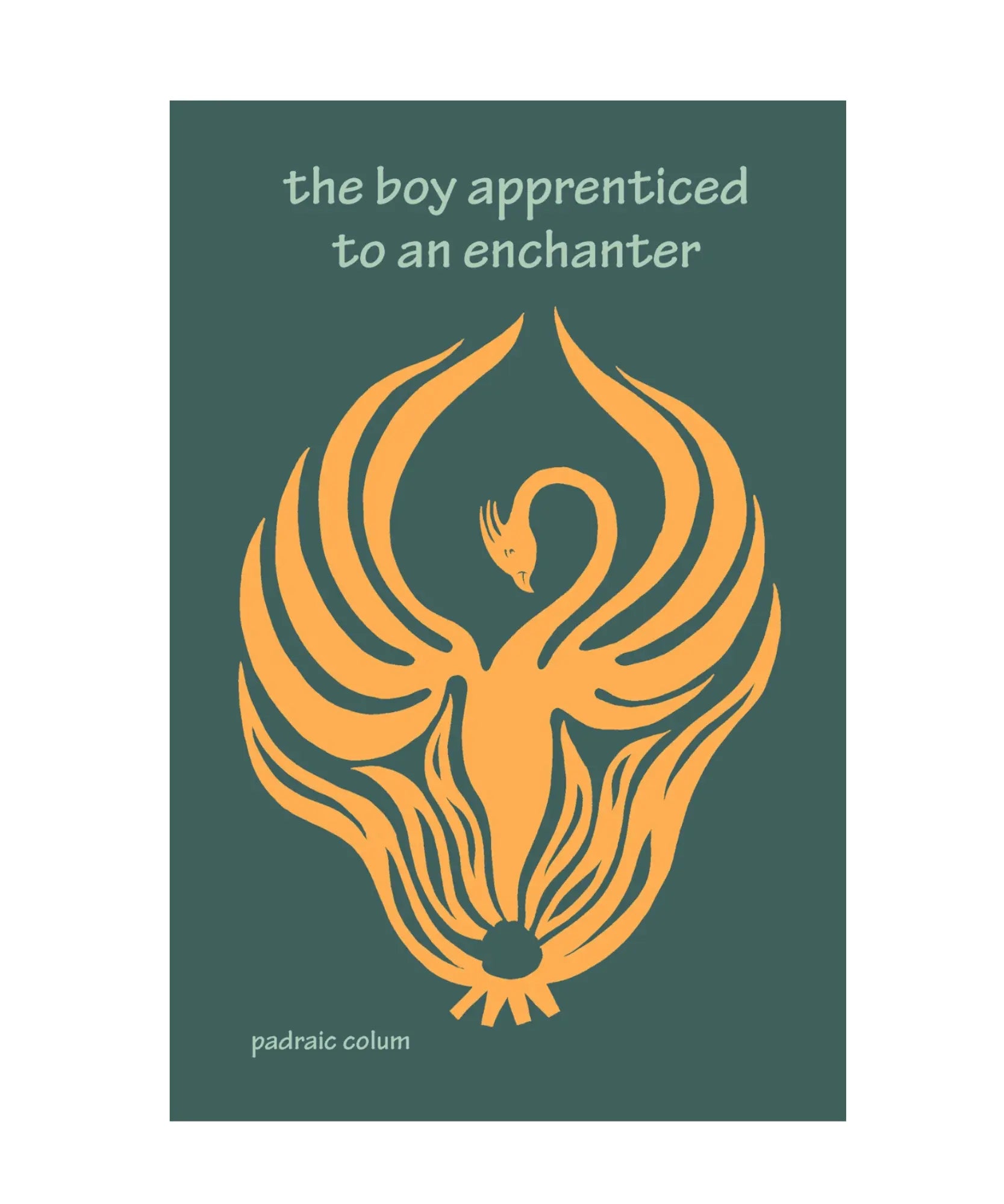 Book cover with orange phoenix design and text on a green background