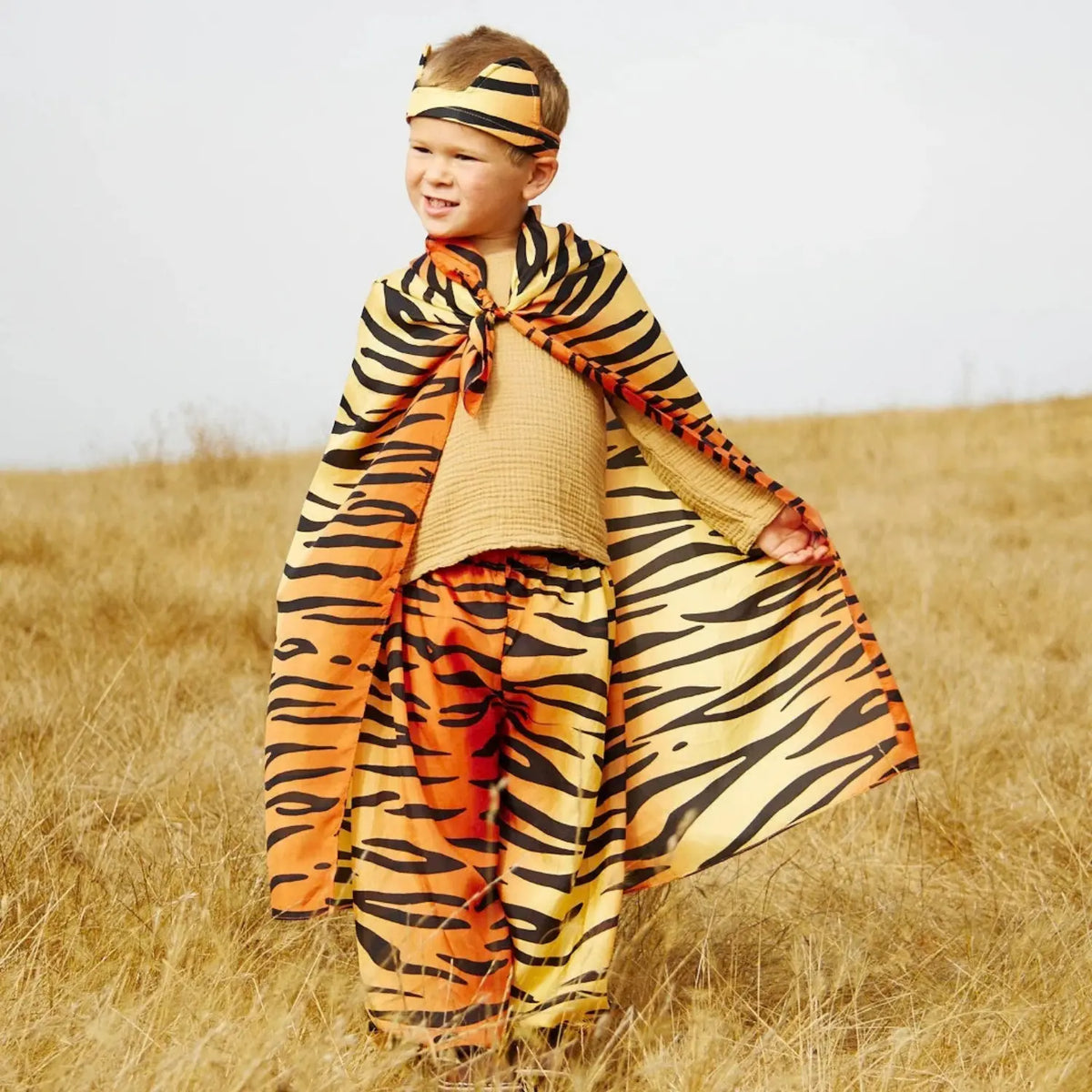 Sarah's Silks tiger playsilk as a boy's cape
