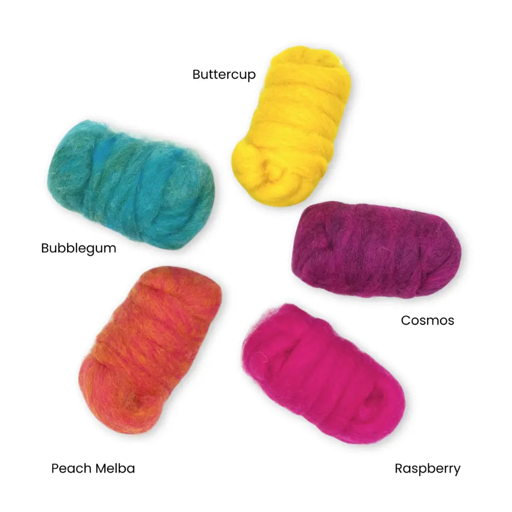 Five bright colored Corriedale wool sliver for felting projects