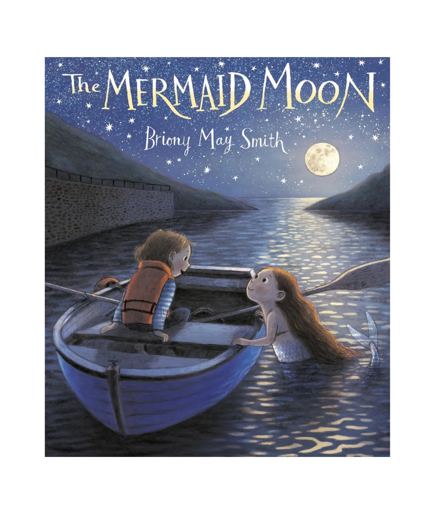 book cover of The Mermaid Moon illustration of a mermaid and a girl in a row boat