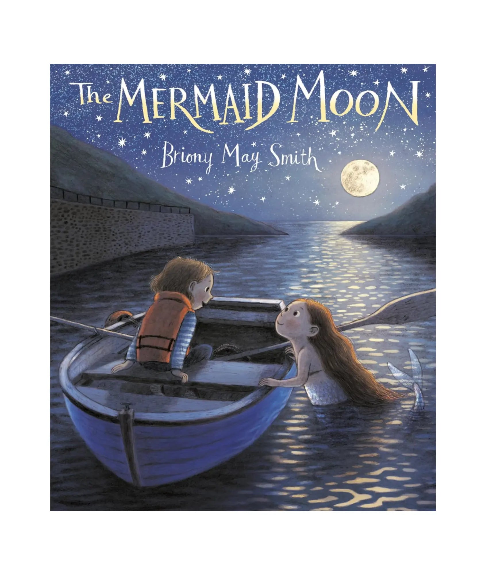 book cover of The Mermaid Moon illustration of a mermaid and a girl in a row boat