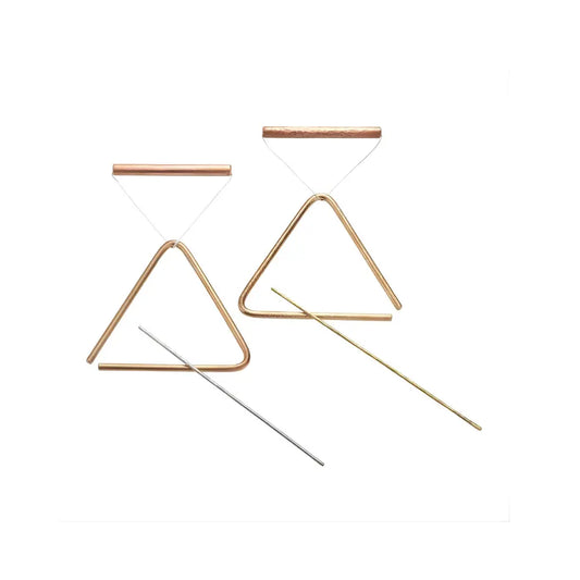 Two brass triangle musical instruments on white background
