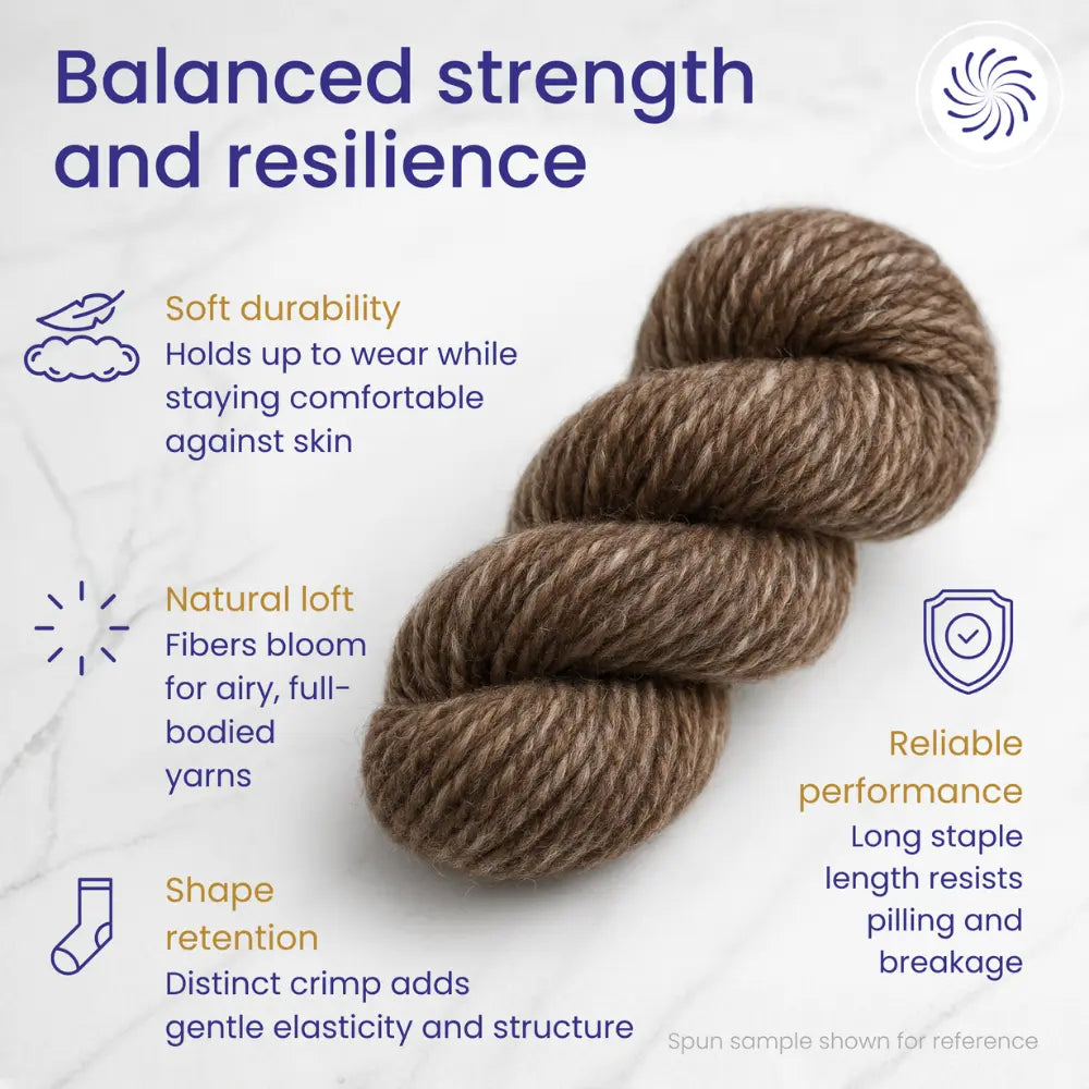 Brown yarn skein with text about yarn properties on a light gray background