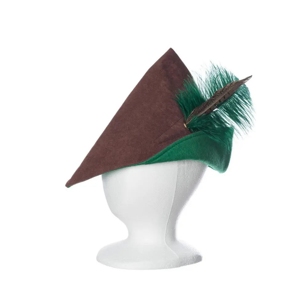 Brown and green woodsman hat with feather for children’s dress-up and storytelling play