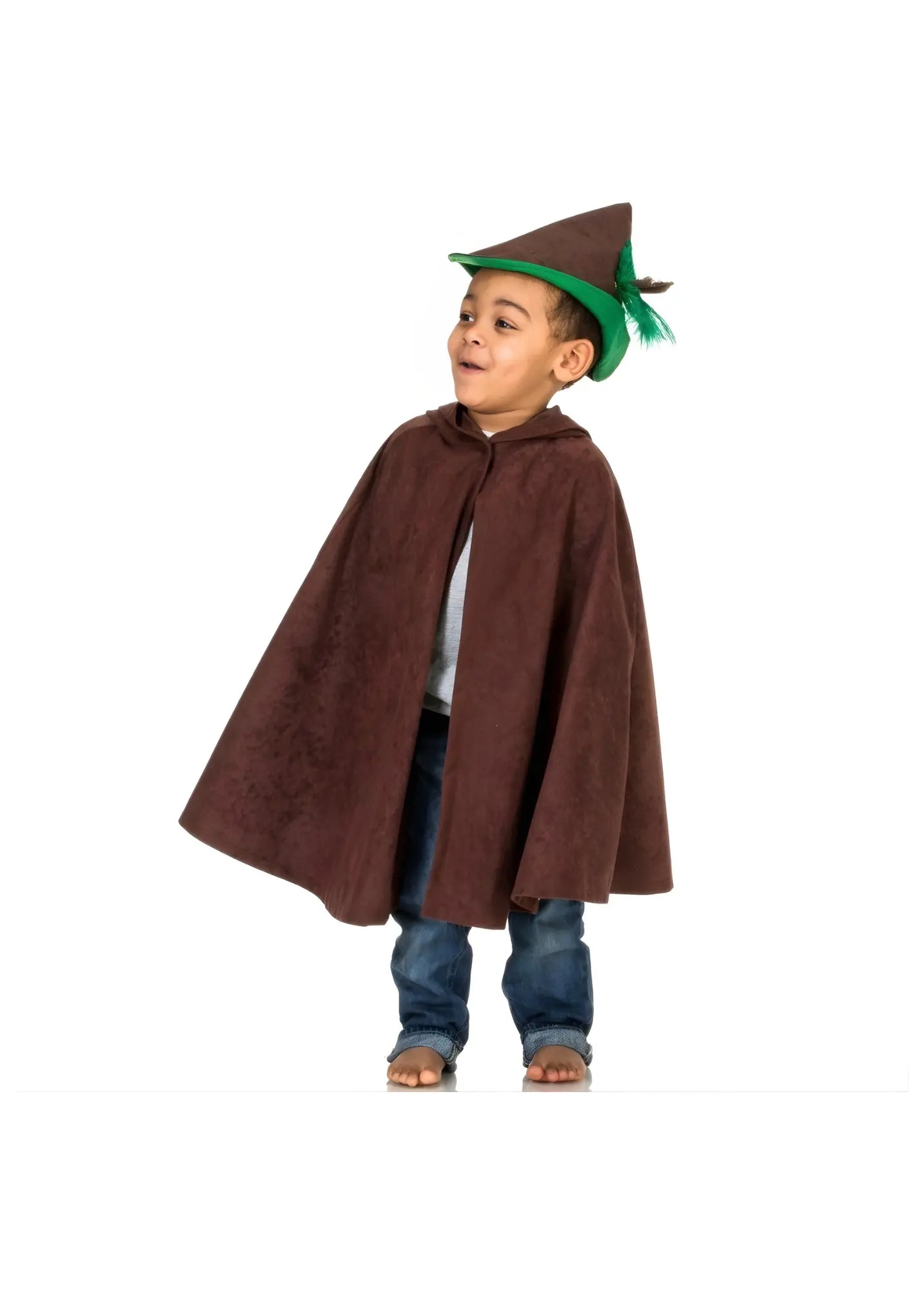 Child wearing brown woodsman hooded cape for imaginative dress-up and woodland play