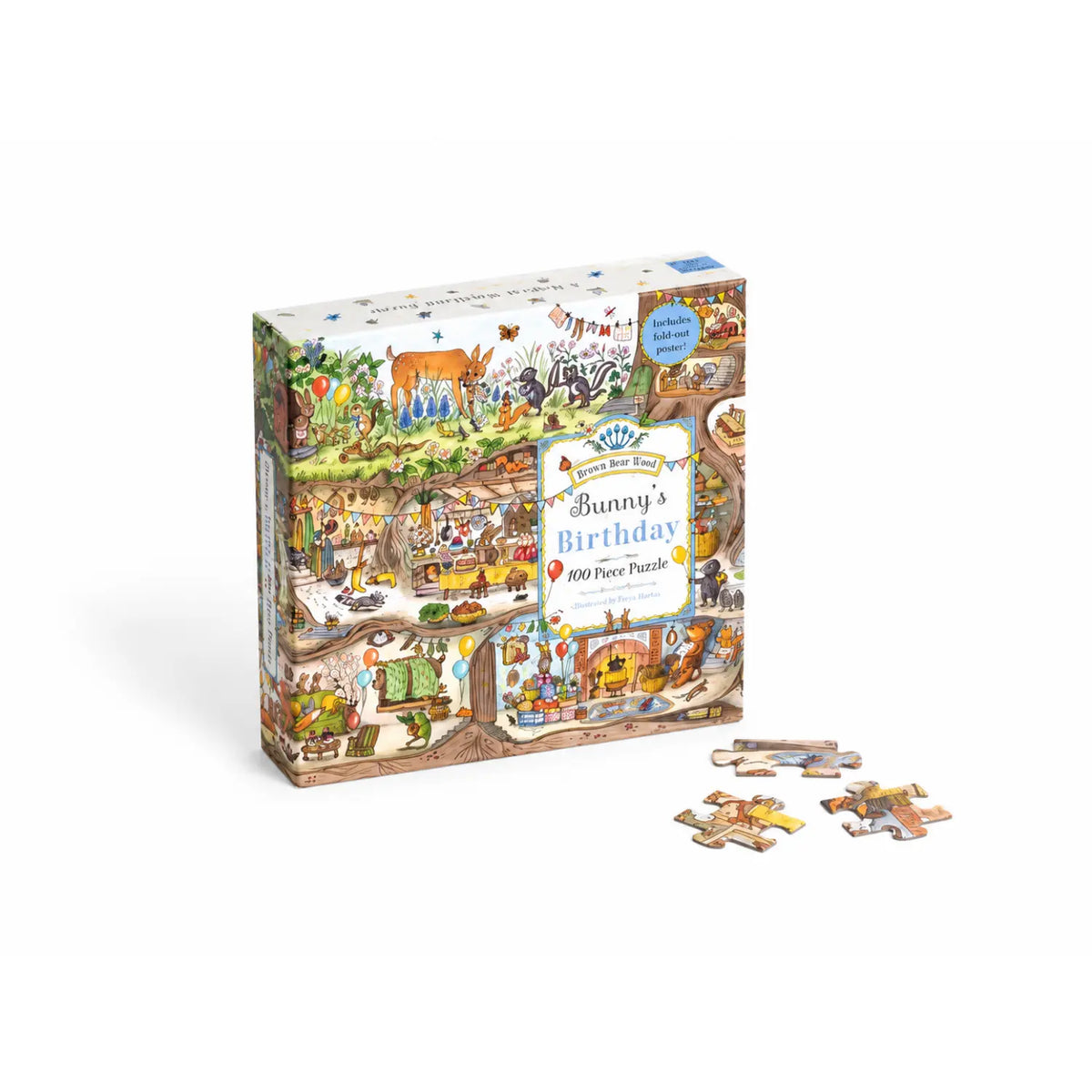 Bunny's Birthday puzzle box with a few loose jigsaw pieces beside it.