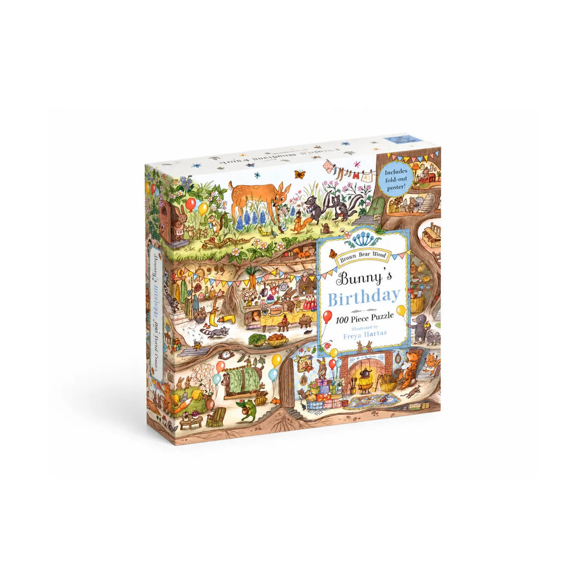 Bunny's Birthday 100-piece jigsaw puzzle box from the Brown Bear Wood series, illustrated by Freya Hartas.