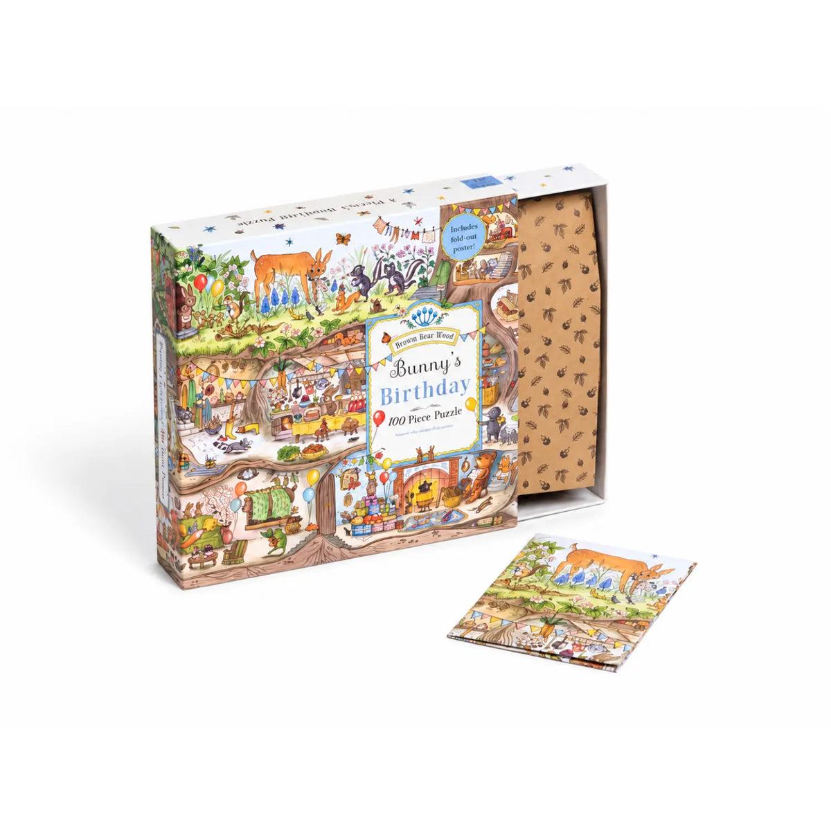 Open Bunny's Birthday puzzle box showing the printed inner tray and folded poster.