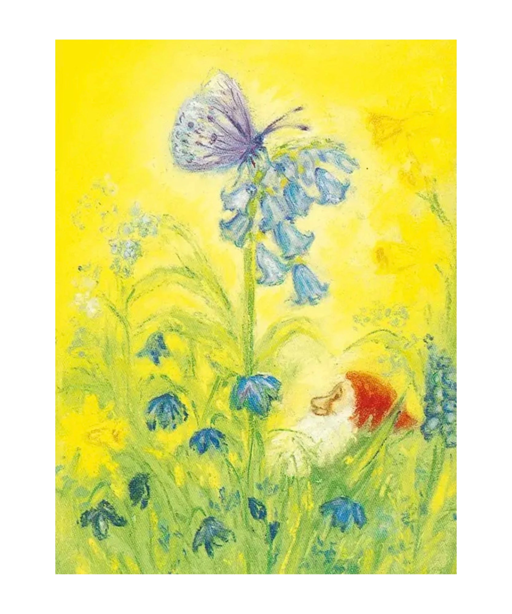 Illustration of a butterfly and a among flowers gnome n a yellow background
