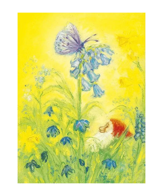 Illustration of a butterfly and a among flowers gnome n a yellow background