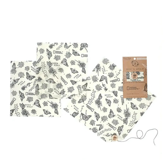 Beeswax wraps with nature-themed design and packaging on a white background