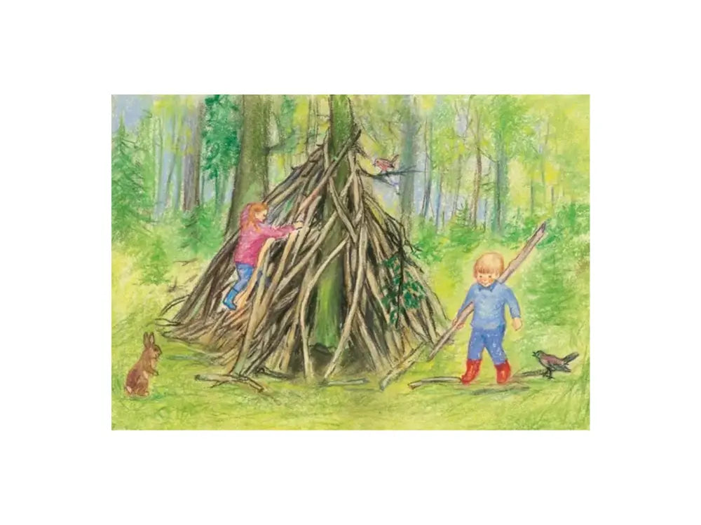 Children building a wooden fort in a forest with animals around