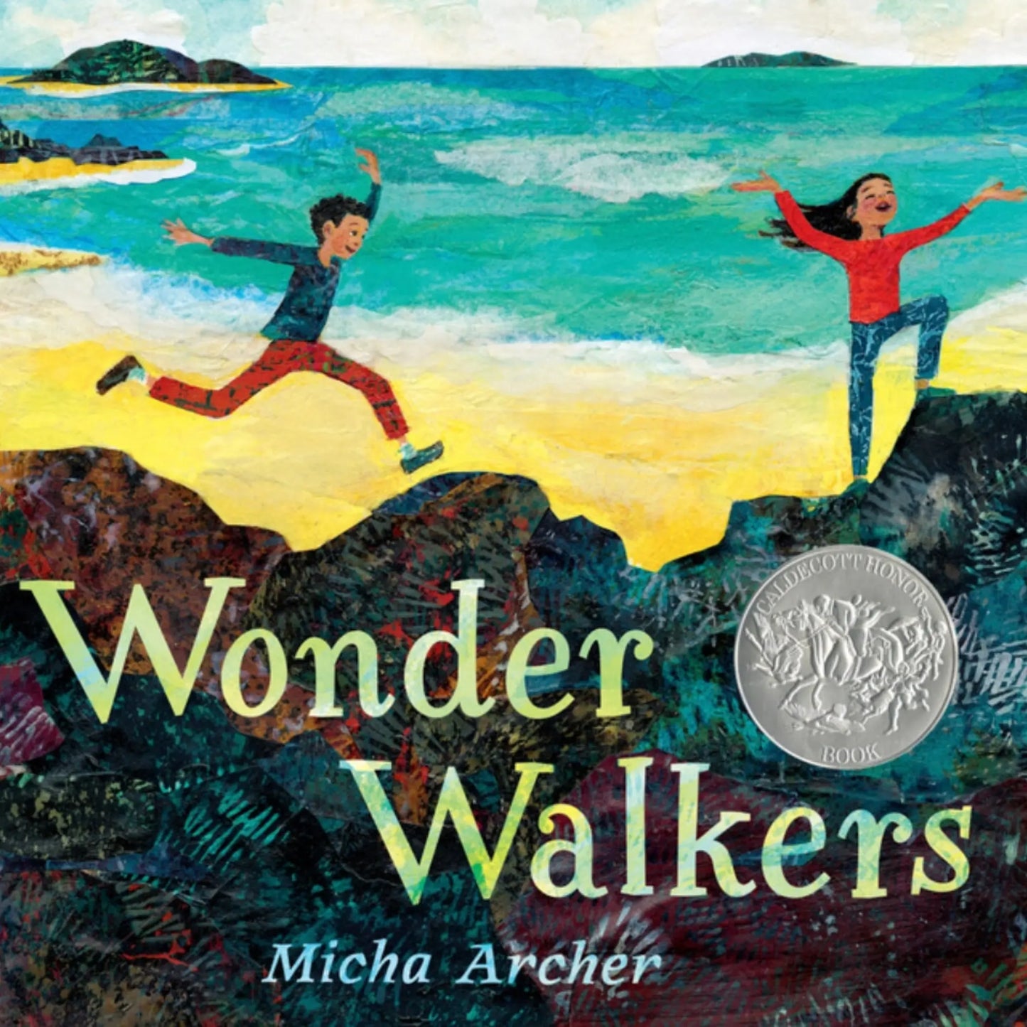 Book cover of 'Wonder Walkers' with two children on a rocky shore and ocean.