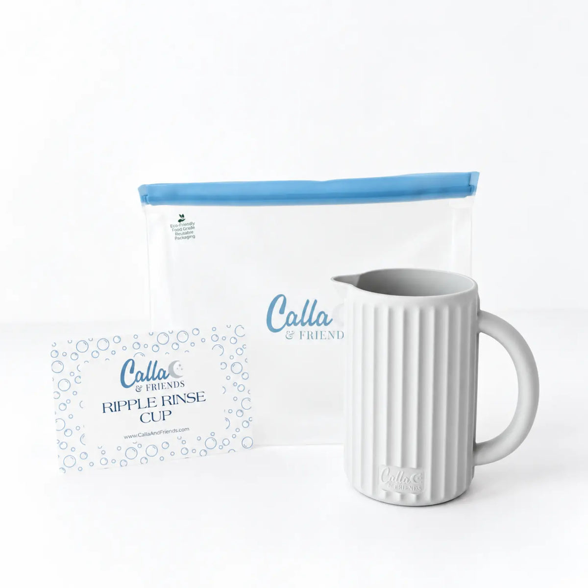 Silicone bath rinse cup with reusable storage pouch and product card on a bright white background