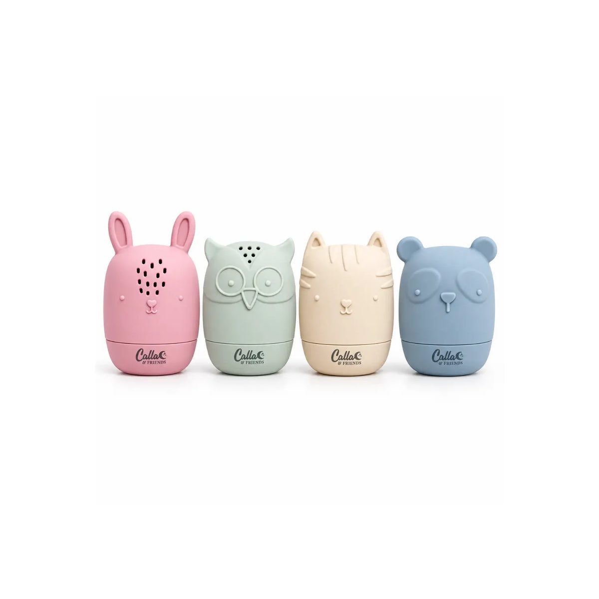 Calla & Friends silicone bath toys in pink bunny, sage owl, cream cat, and blue bear designs