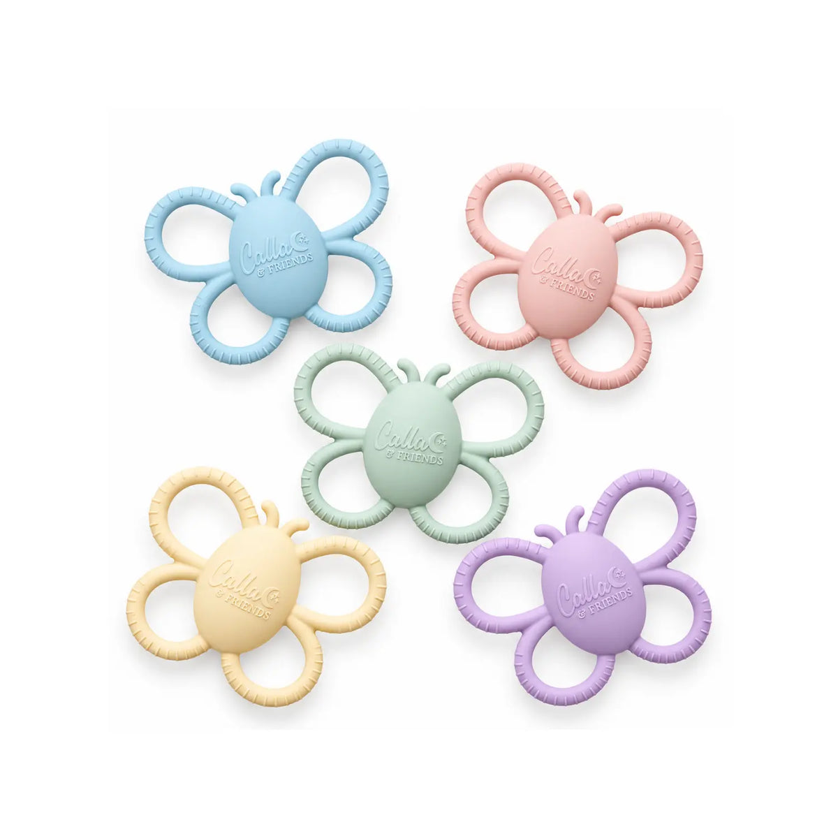 Calla & Friends silicone butterfly rattle teethers in blue, pink, lemon, sage, and lilac