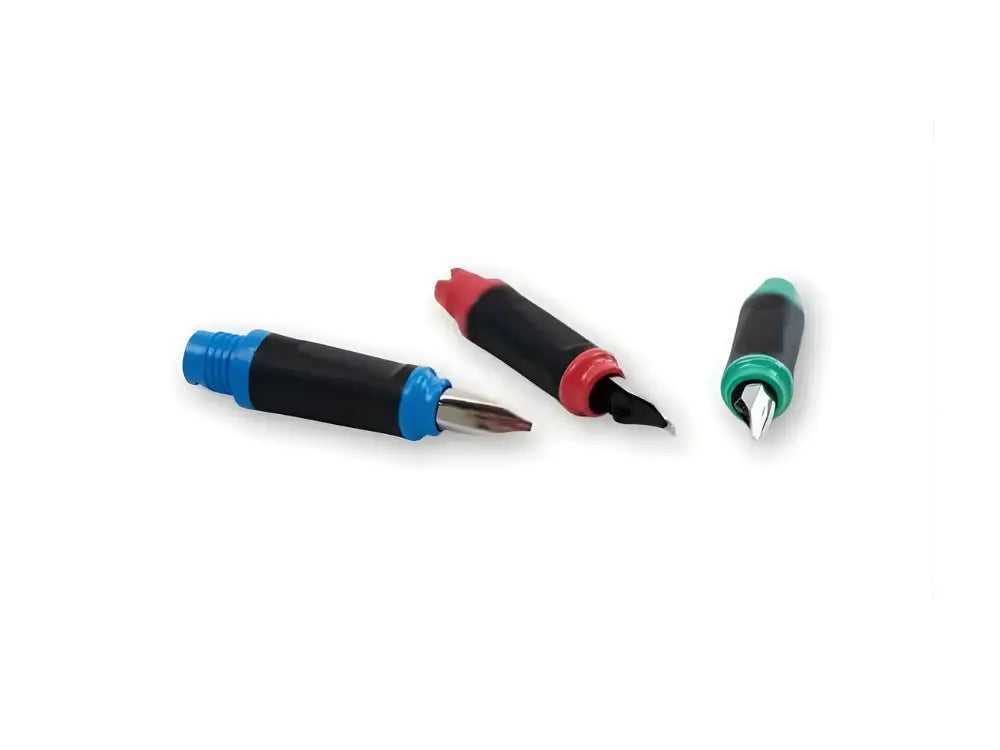 Three calligraphy pen nibs in a row on a white background