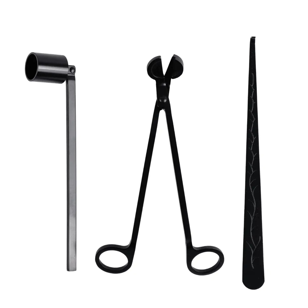 Set of black metal tools including a candle holder, tongs, and a snuffer on a white background