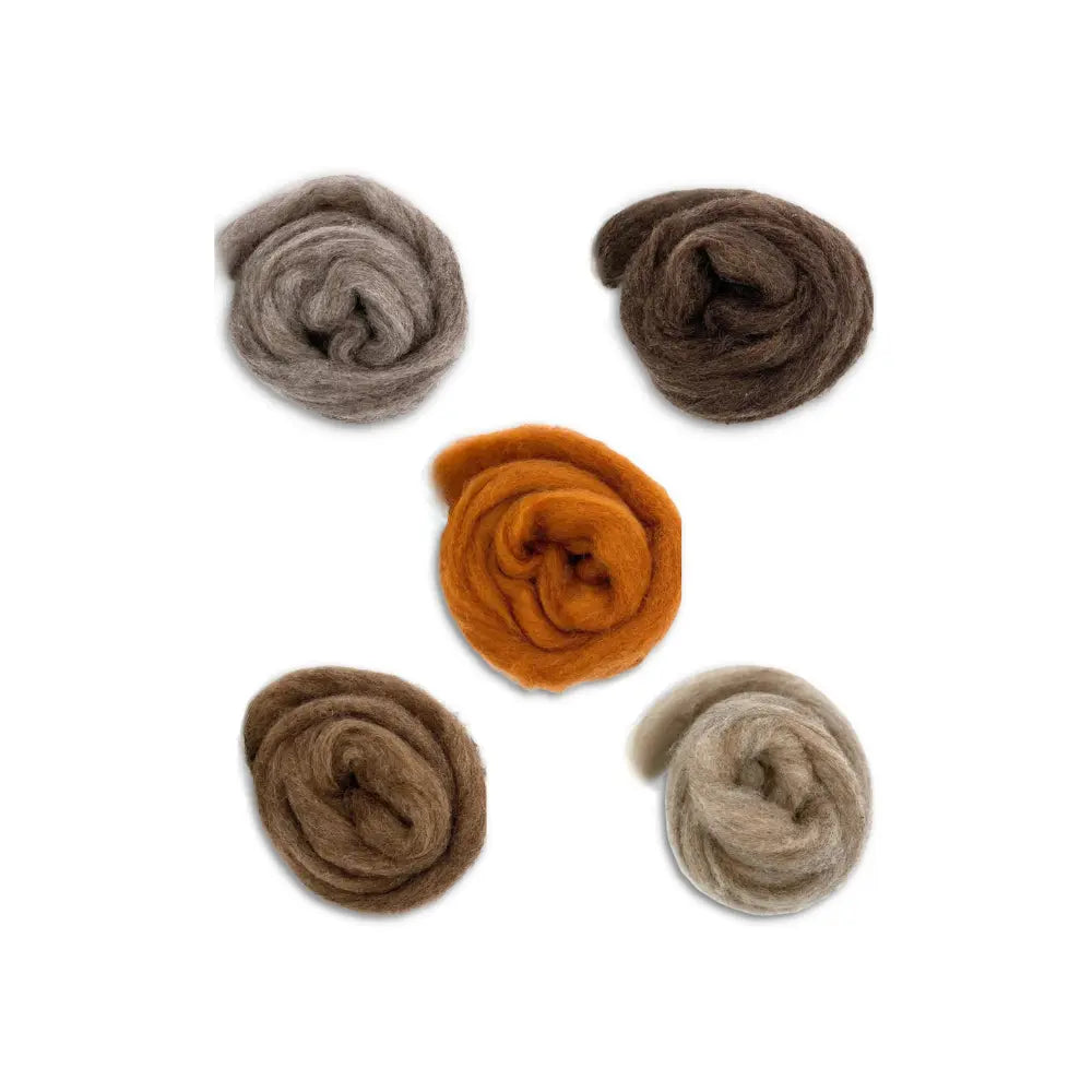 Five bumps of carded corriedale wool sliver for needle felting and fiber art on white
