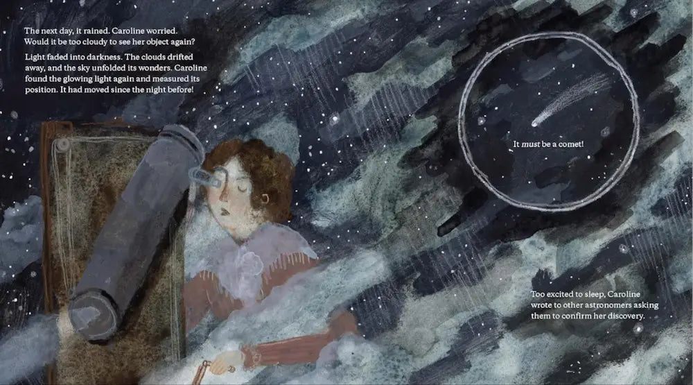 Illustration of a Caroline Herschel looking through a telescope at night with stars and clouds.