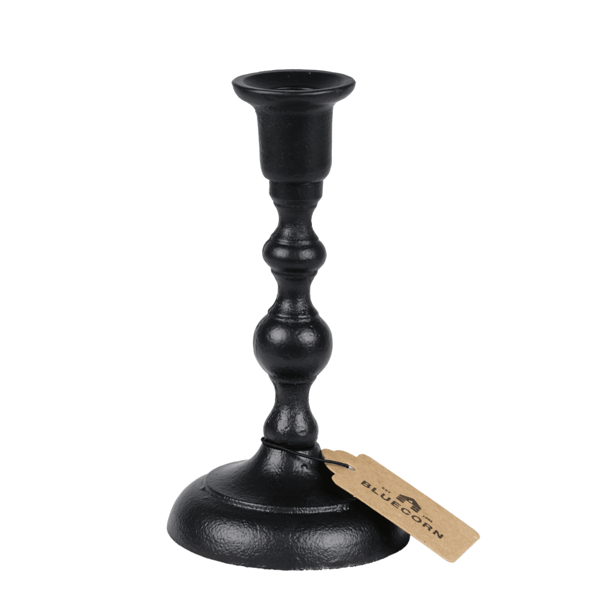 Black candle holder with a tag on a white background