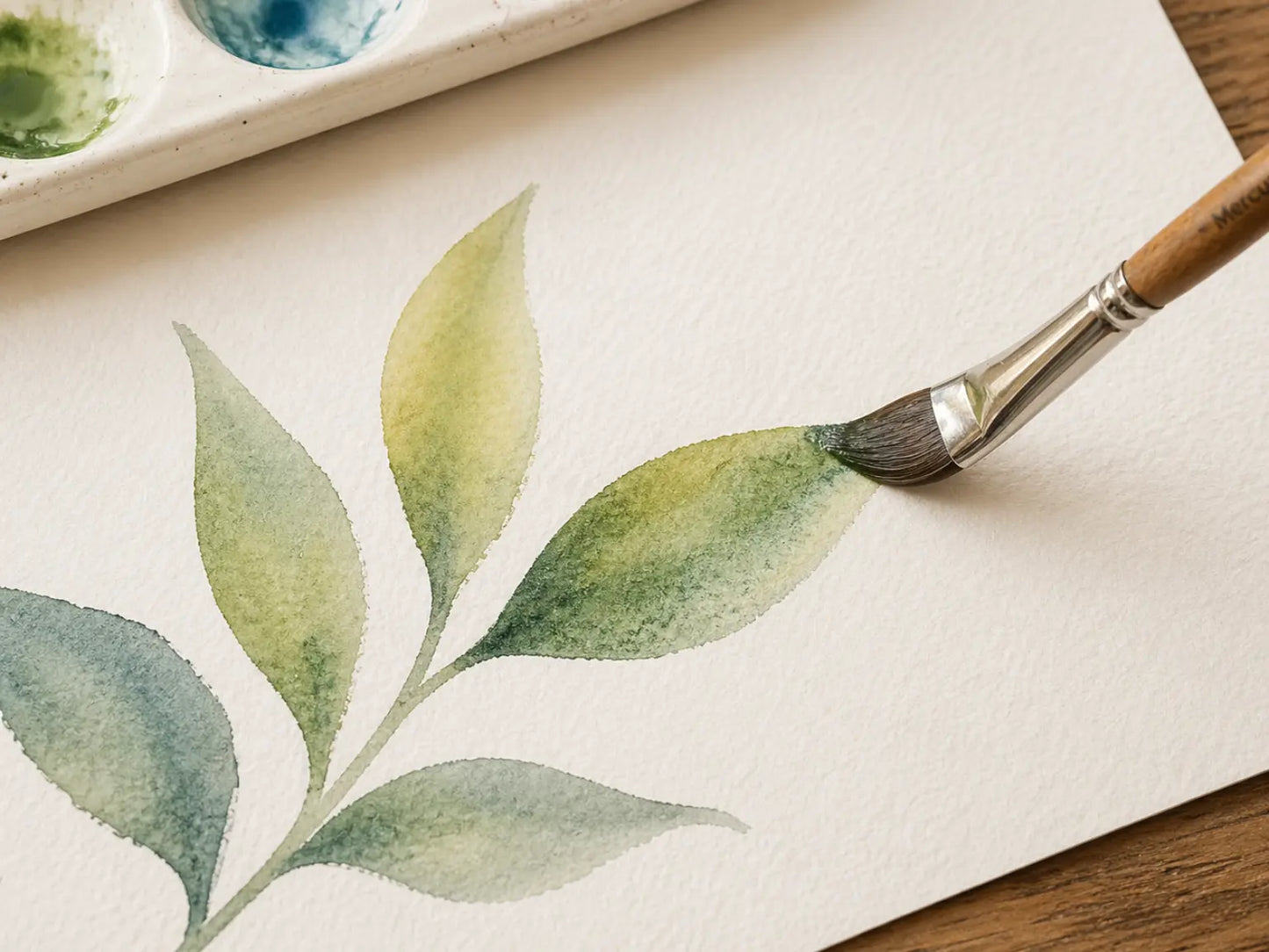 Cat tongue watercolor brush with natural cow hair bristles painting a soft tapered leaf shape with blended green watercolor