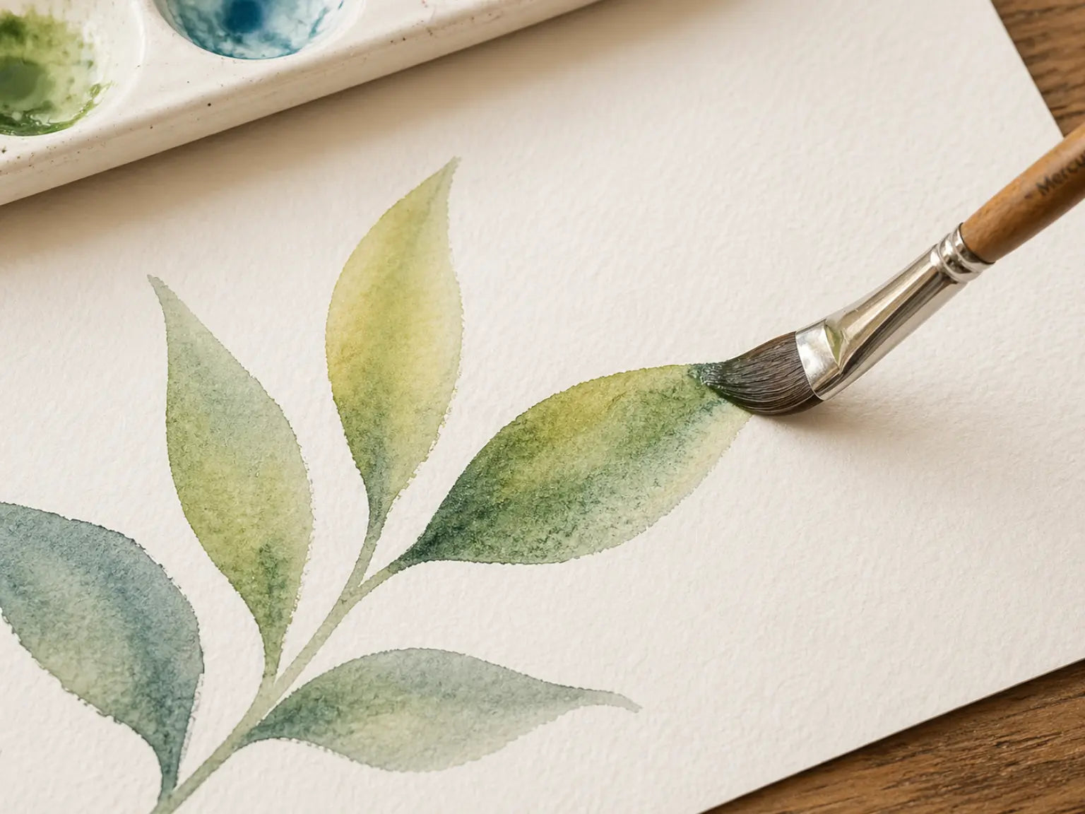 Cat tongue watercolor brush with natural cow hair bristles painting a soft tapered leaf shape with blended green watercolor