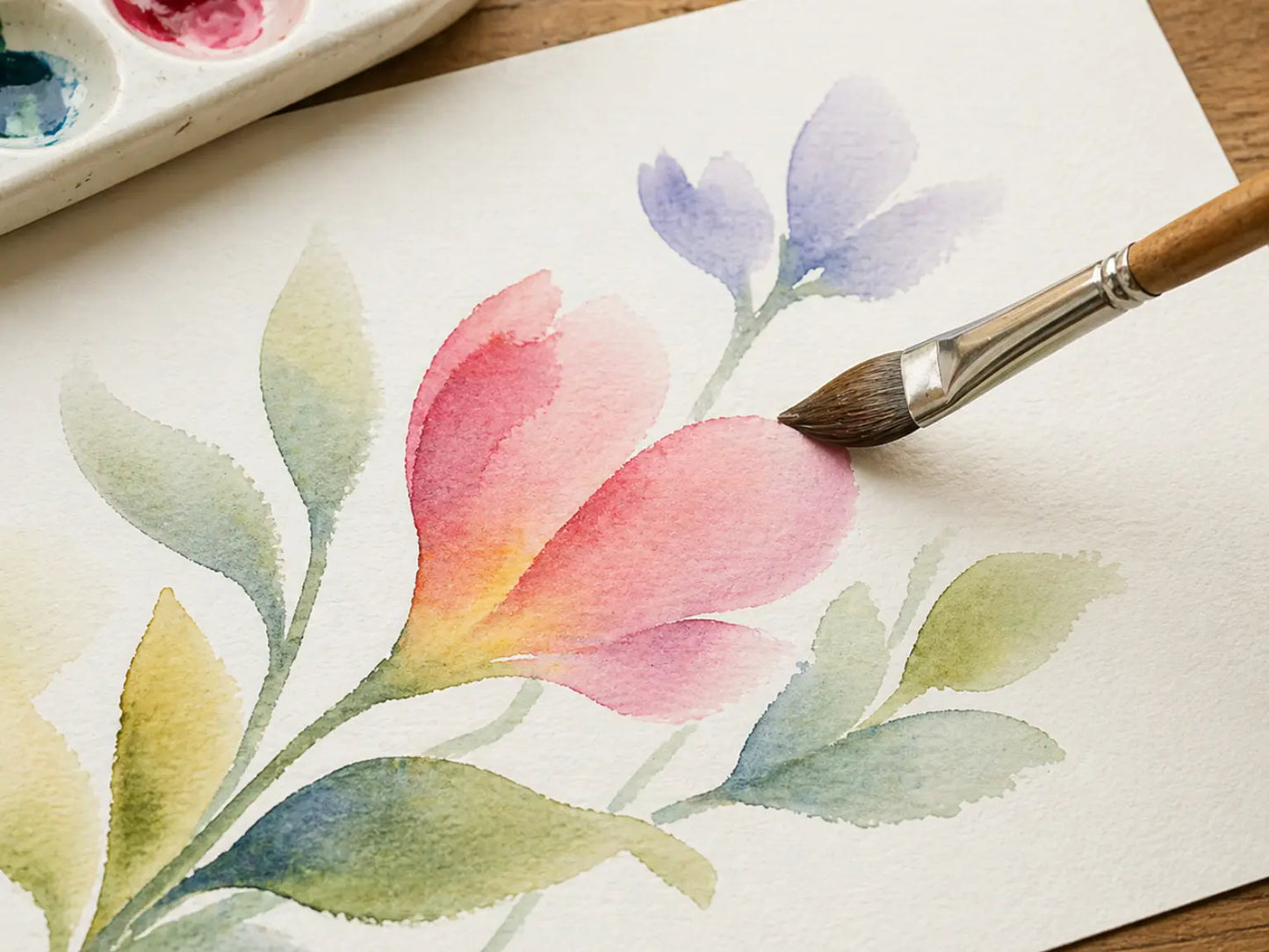 Cat tongue watercolor brush with natural cow hair bristles creating a soft curved petal shape with blended watercolor