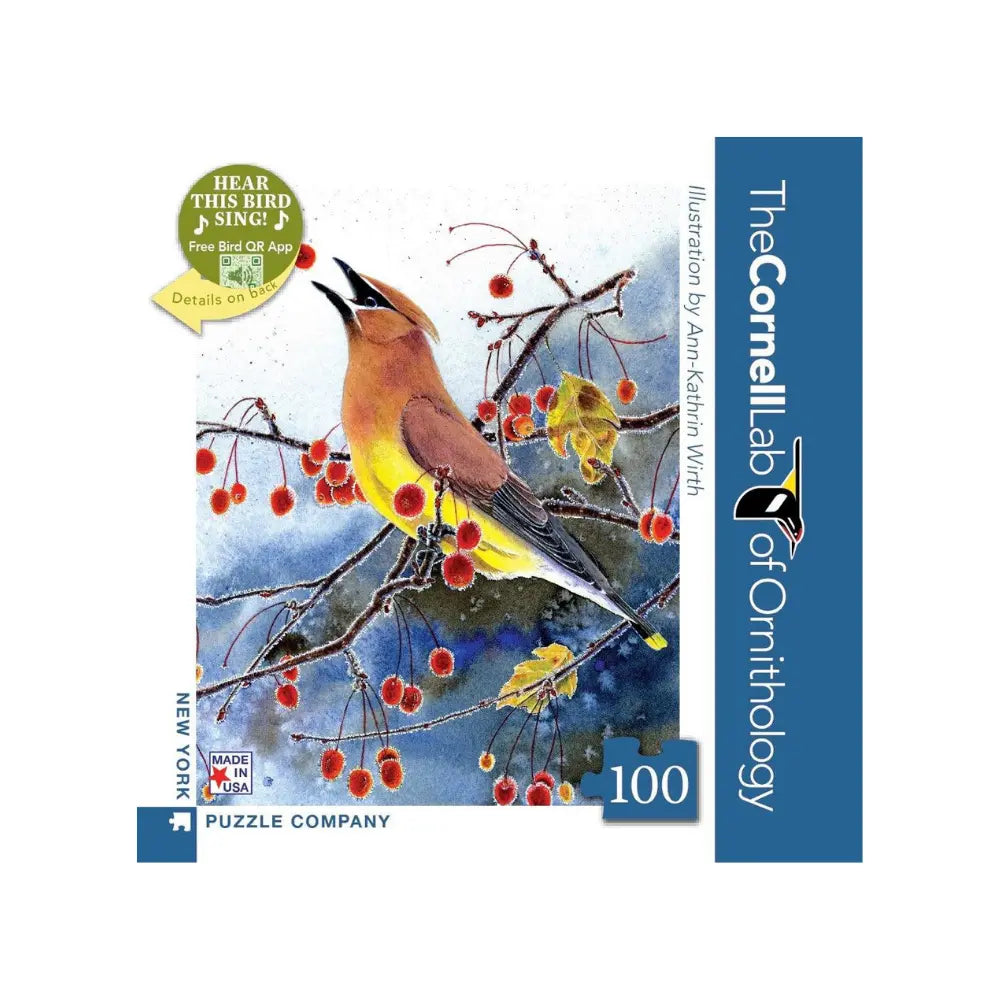 New York Puzzle Company Cedar Waxwing 100 piece mini puzzle box with Cornell Lab of Ornithology bird illustration