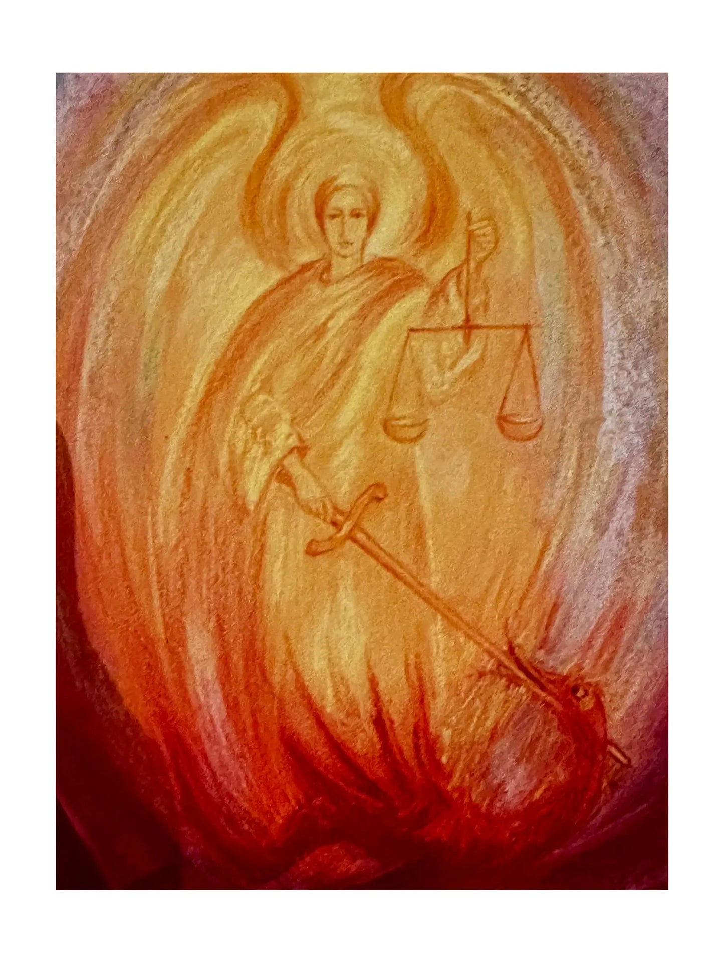 Artistic depiction of a figure holding scales and a sword against a warm, glowing background.