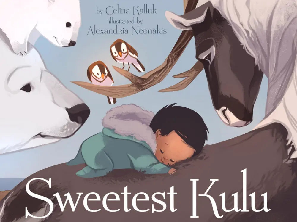 Book cover of 'Sweetest Kulu' featuring a child lying on a reindeer with animals around.