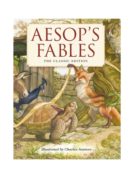 Book cover of 'Aesop's Fables' with illustrated animals and title text.