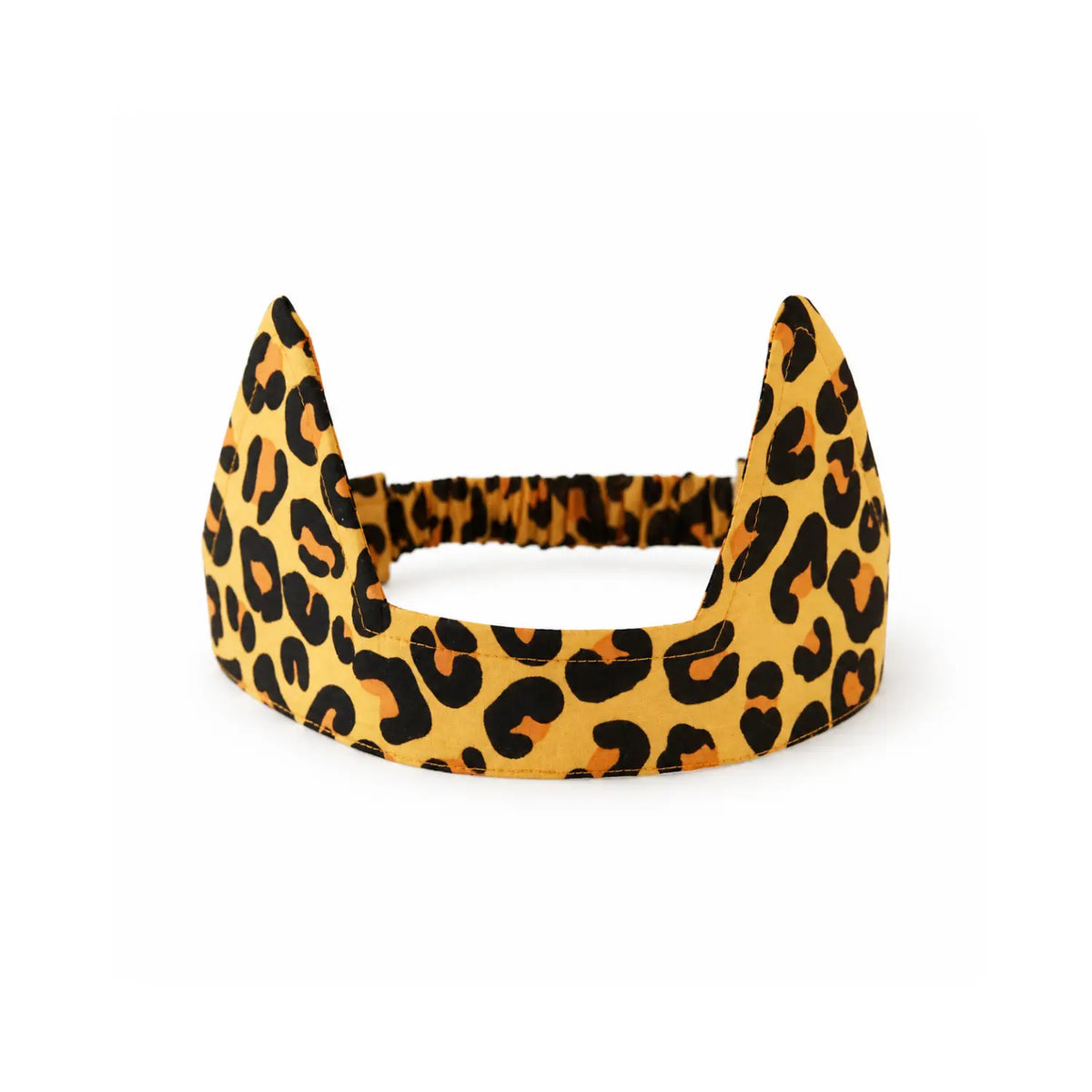Sarah’s Silks cheetah ears, a spotted silk headband with two pointed ears, on a white background