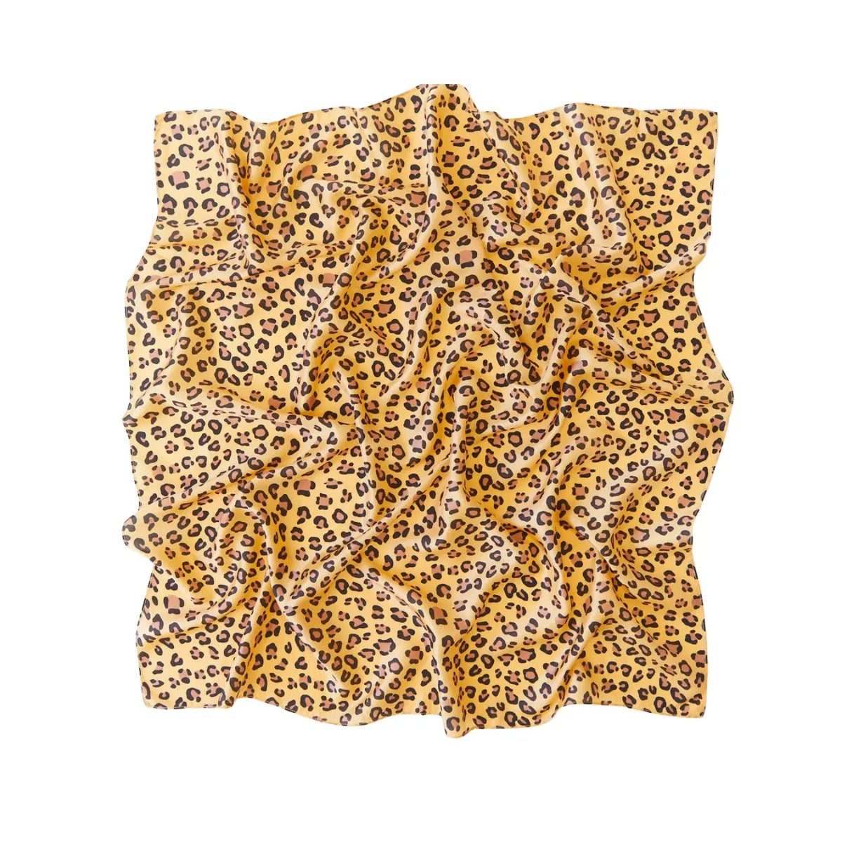 Sarah’s Silks cheetah print playsilk spread flat, golden silk with black and brown spots