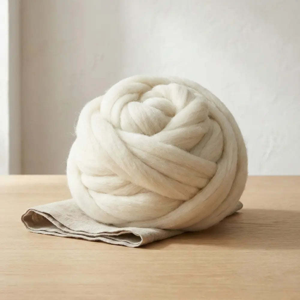 Undyed Cheviot wool combed top spinning fiber on top of linen and a table top