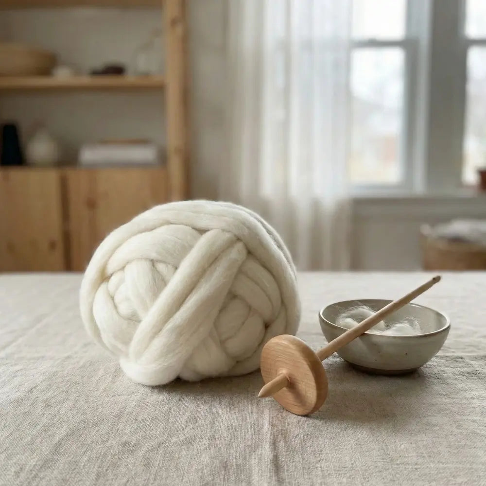 Undyed Cheviot wool combed top spinning fiber on a table top with a drop spindle