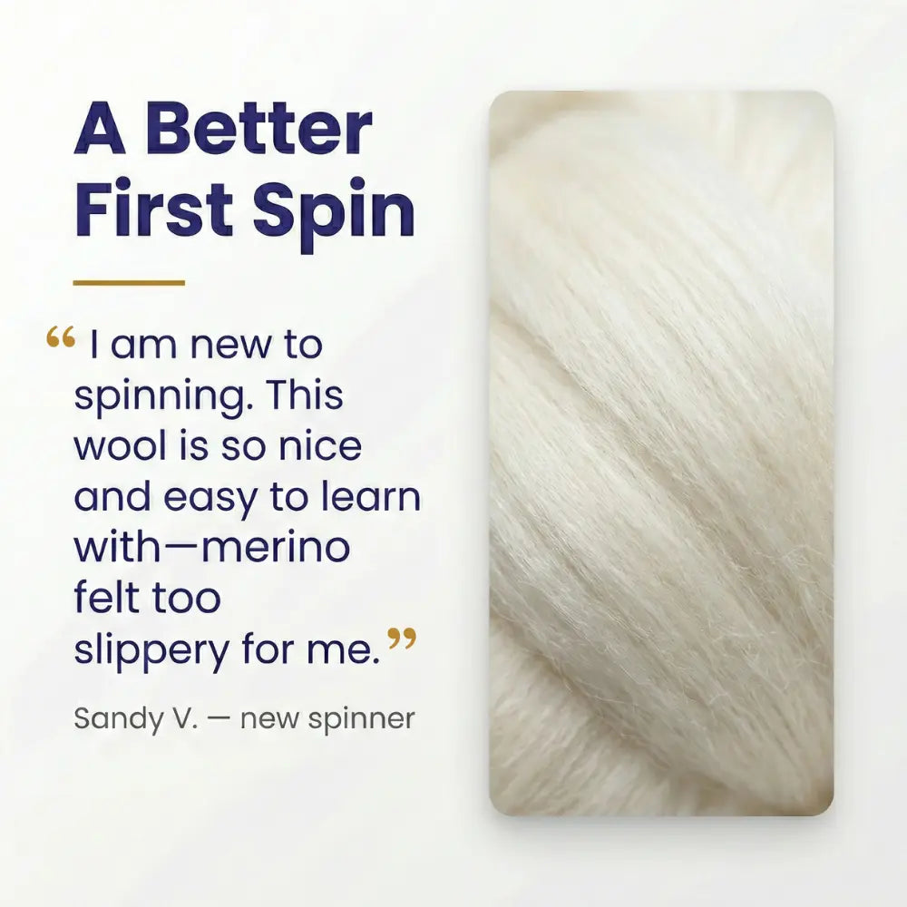 A close up of undyed Cheviot wool cream with a quote about it's ease of use in spinning