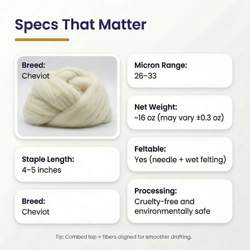 Undyed Cheviot wool combed top staple length, micron, and weight in text