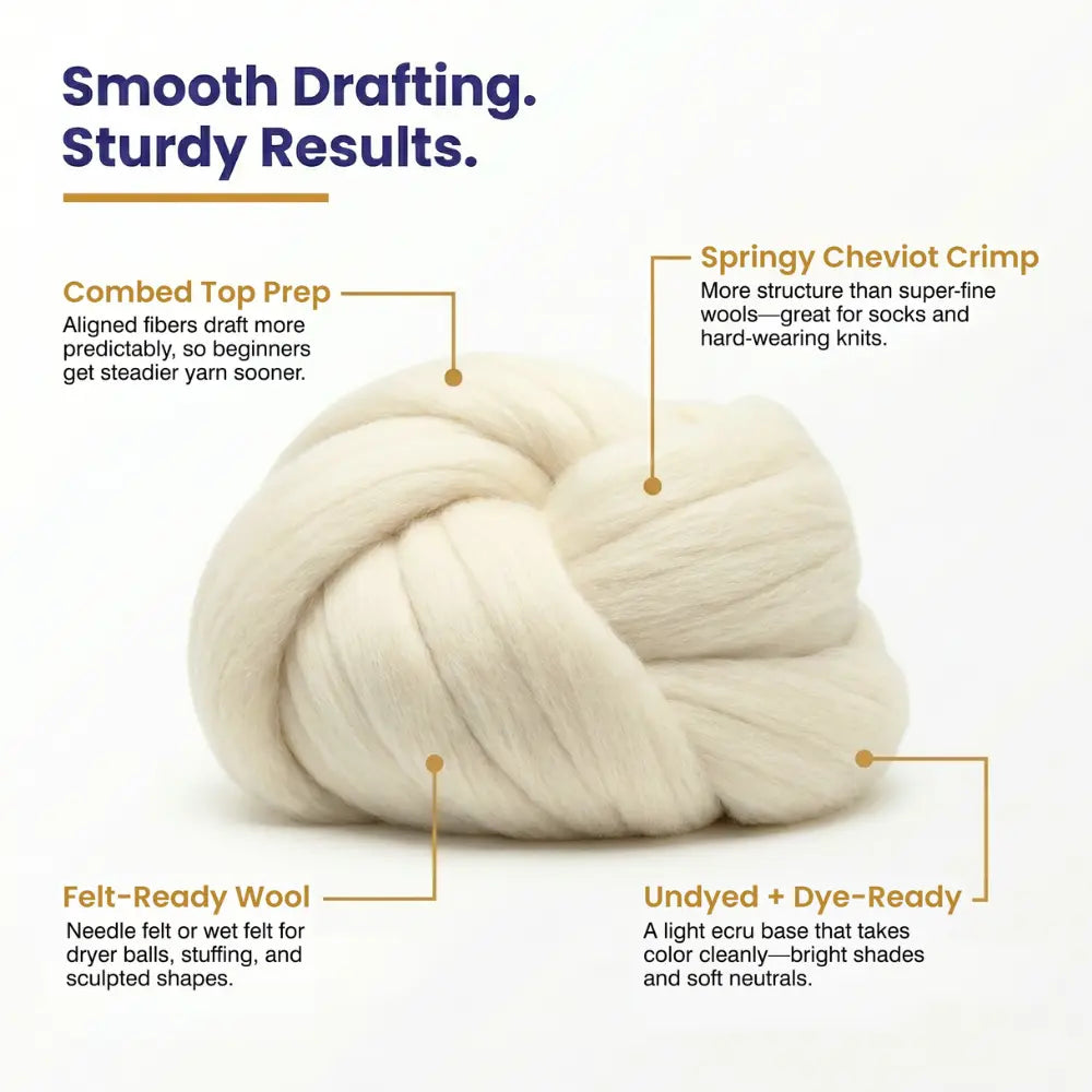 Undyed Cheviot wool  with properties described in text
