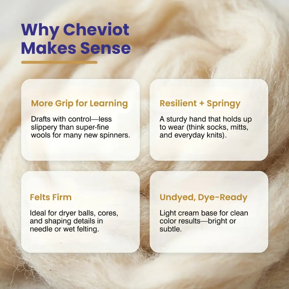 Undyed Cheviot wool combed top with properties described in text boxes
