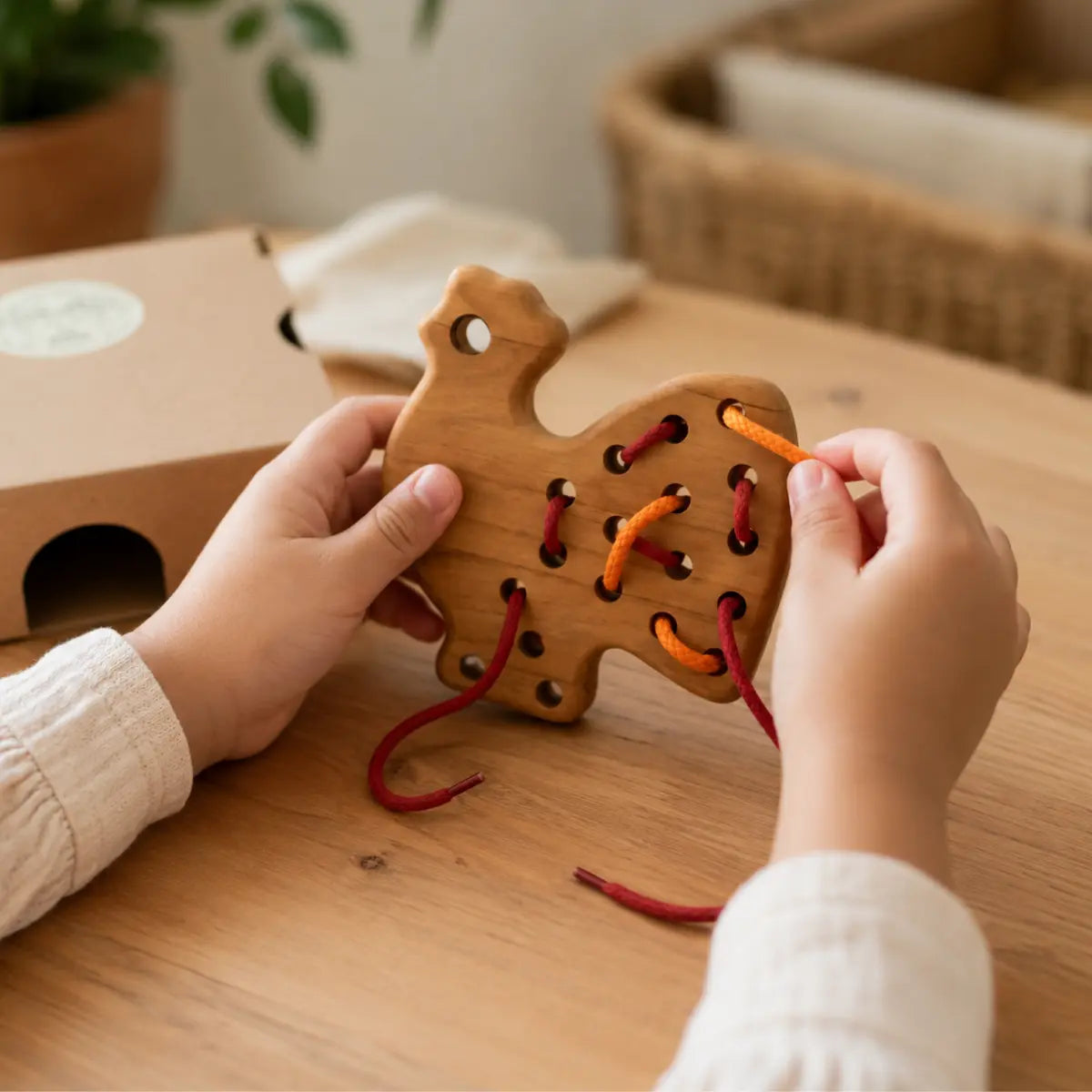 Child’s hands threading red and orange cords through a BAJO wooden lacing rooster at a table