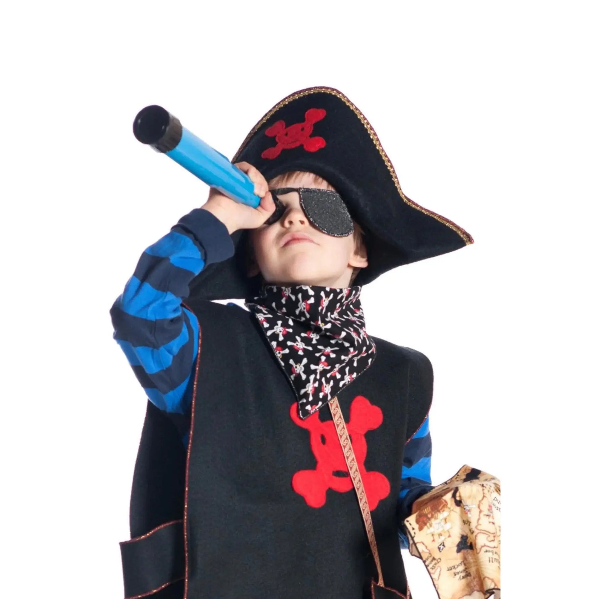 Child in a pirate costume holding a blue spyglass on a white background