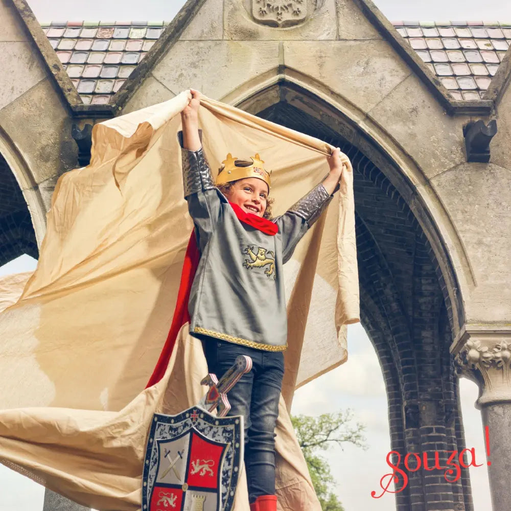 Child wearing King Arthur knight costume playing outdoors in imaginative dress up