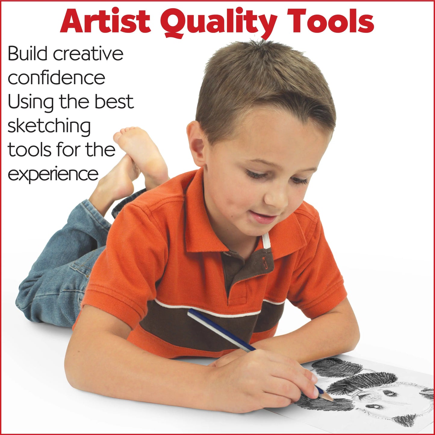 child drawing with beginner sketching pencil set for kids