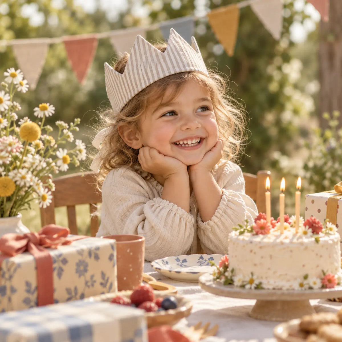 Three-year-old child wearing a beige striped linen crown at an outdoor birthday celebration