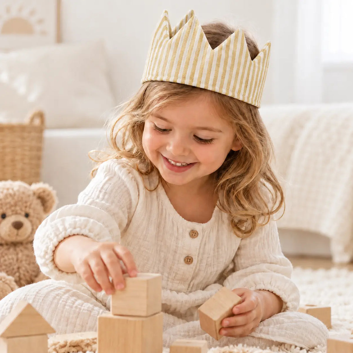 Young child wearing a golden mustard striped linen crown while playing with wooden blocks