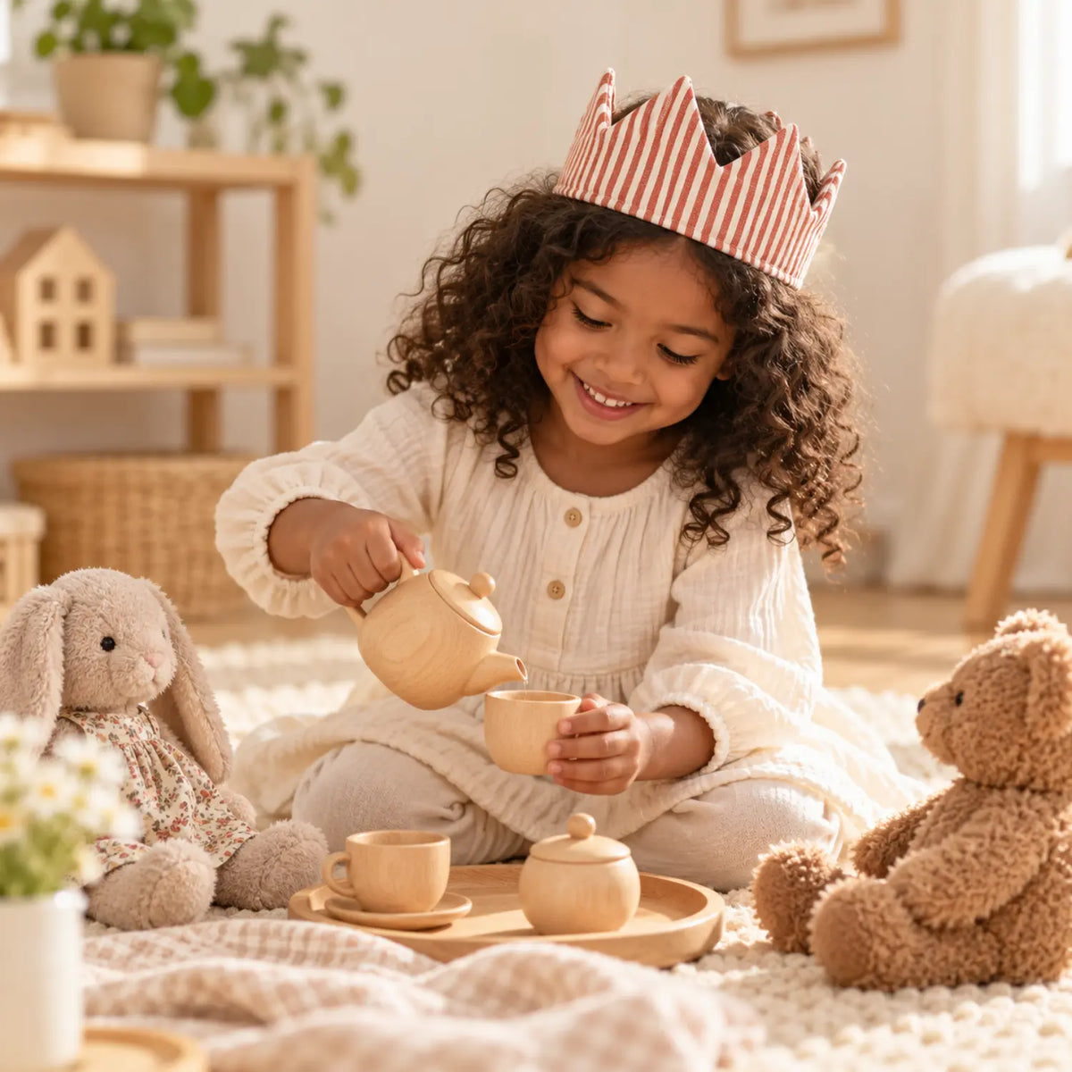 Preschool child wearing a red striped linen crown during pretend tea party play